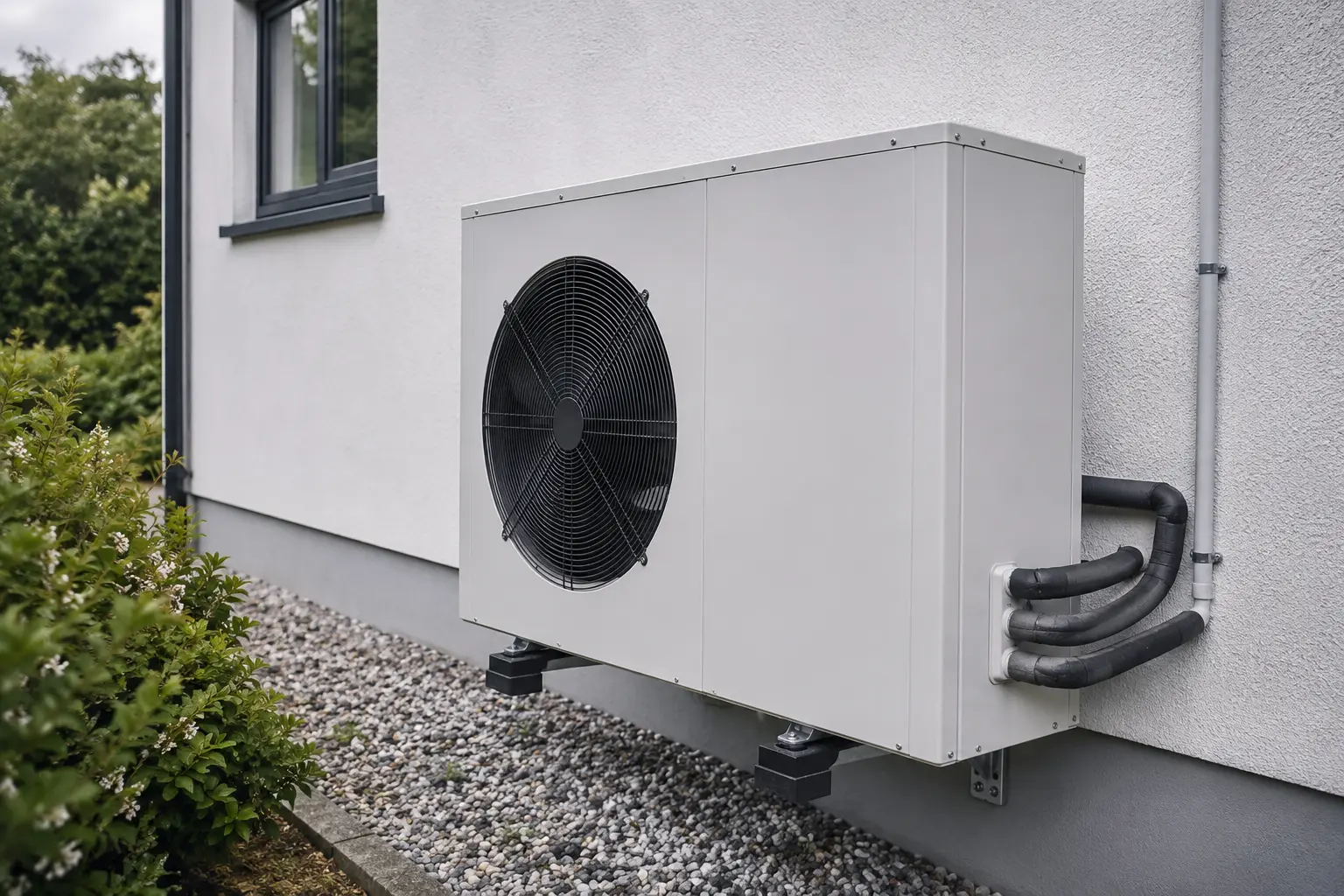 Air-to-water heat pump outdoor unit installed against the wall of an Irish home