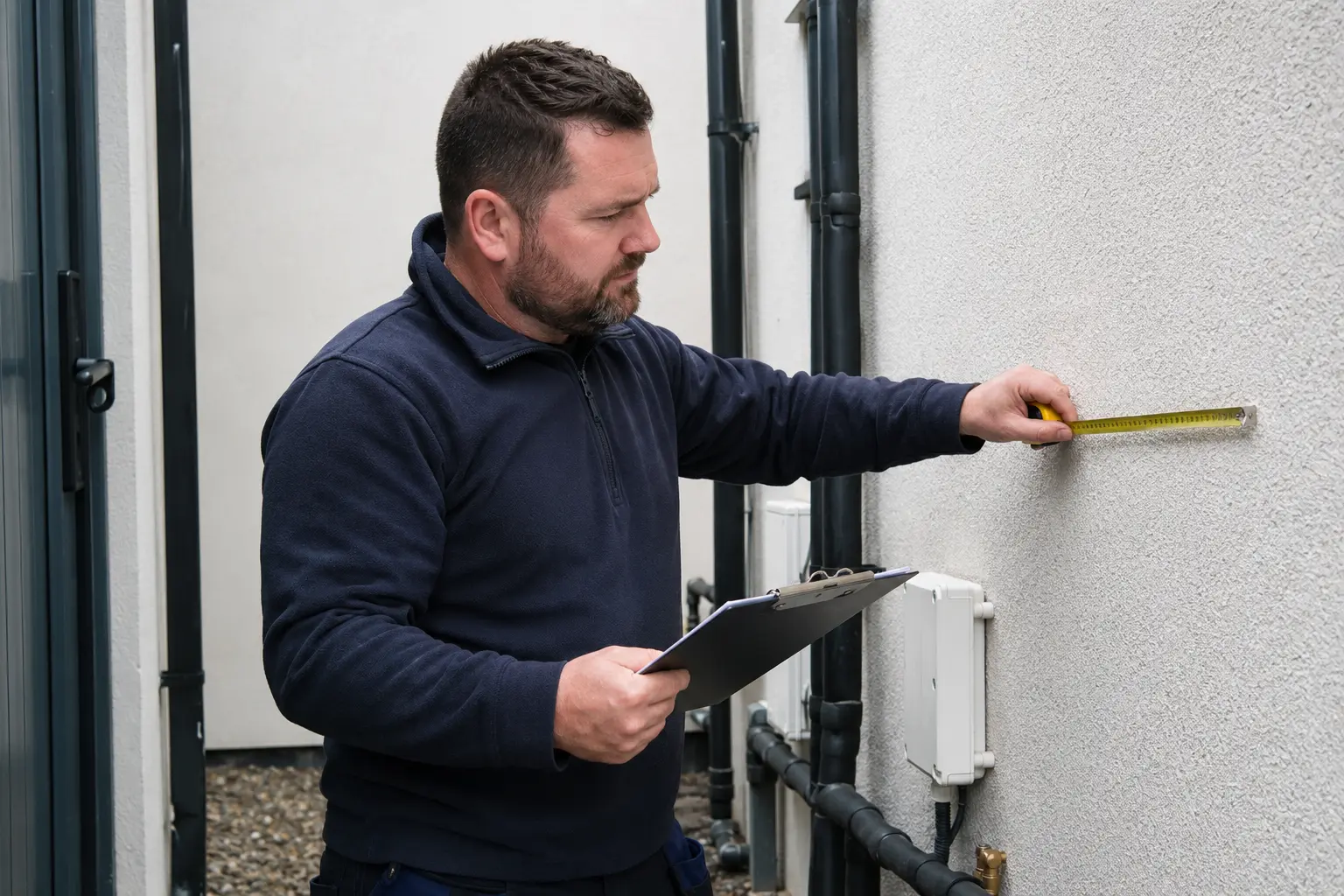 SEAI registered engineer surveying the outside of an Irish home for heat pump suitability
