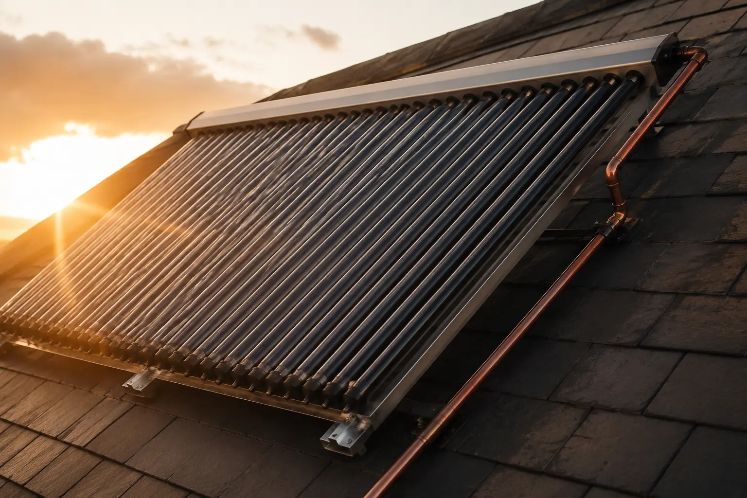 Roof-mounted solar collector panels soaking up daytime sun on an Irish home