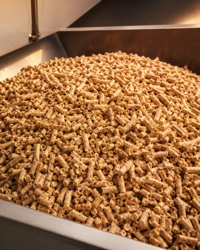 Wood pellets stored in bulk ready to feed a biomass boiler in an Irish home