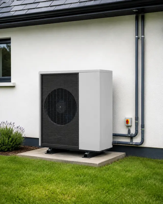 Air-to-water heat pump outdoor unit installed beside an Irish home