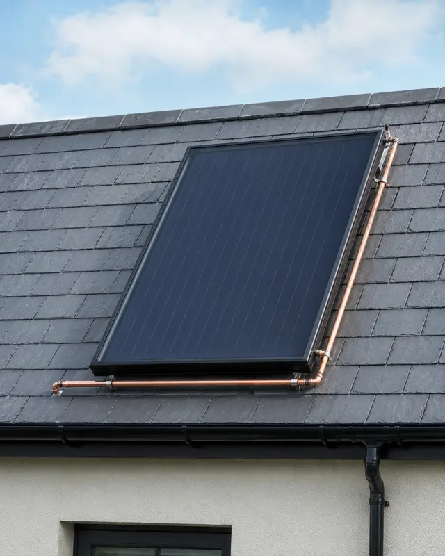 Flat-plate solar thermal collector with copper pipework fitted on the slate roof of an Irish home