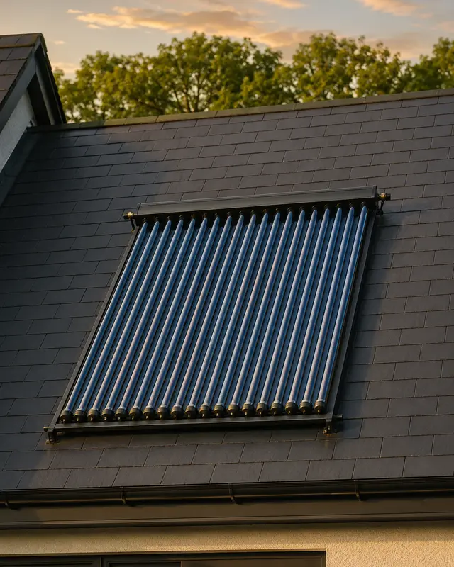 Evacuated-tube solar thermal collector on a roof catching the sun