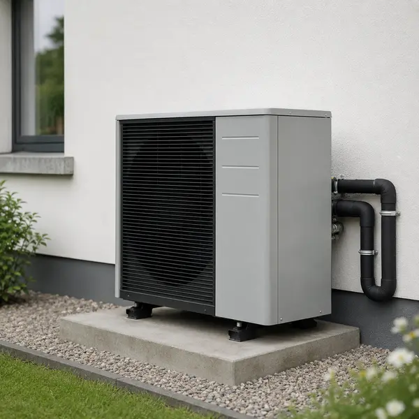 Heat pump outdoor unit fitted to the side of an Irish home, tight crop