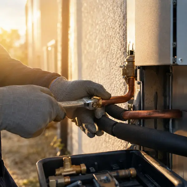 An installer tightening copper pipework on a heat pump with a wrench, typical of the work SEAI registered installers in Leitrim carry out