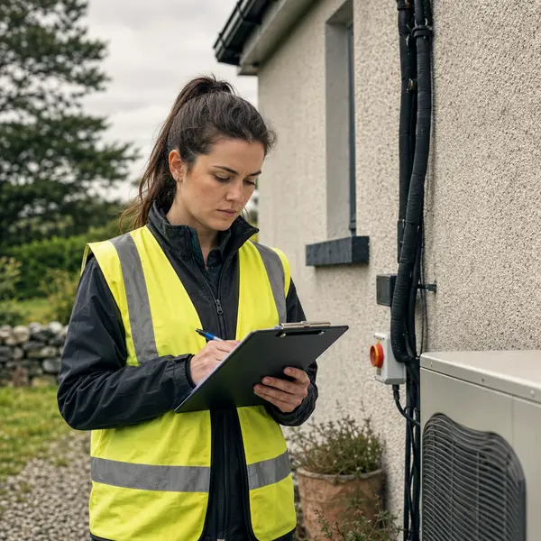 A surveyor in a hi-vis vest making notes on a clipboard beside a heat pump, typical of the work SEAI registered installers in Cork carry out