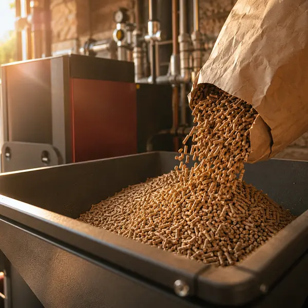 Wood pellets being poured from a paper sack into a biomass boiler hopper, typical of the work SEAI registered installers in Cork carry out