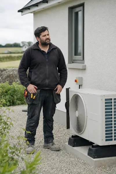 SEAI registered heat pump installer beside an outdoor unit at an Irish home