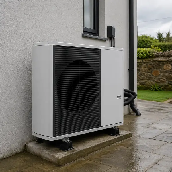 A white heat pump outdoor unit on a plinth beside a house and stone wall, typical of the work SEAI registered installers in Laois carry out