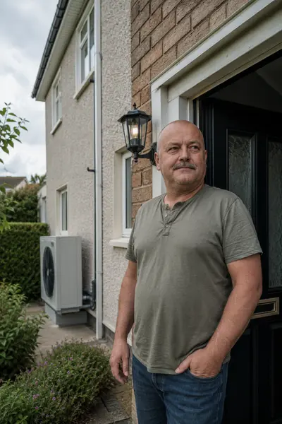 A homeowner at his front door with a heat pump outdoor unit beside the house, typical of the work SEAI registered installers in Carlow carry out