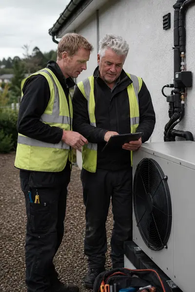 Two installers reviewing a tablet at a heat pump outdoor unit, typical of the work SEAI registered installers in Mayo carry out