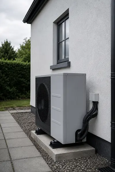 A white heat pump outdoor unit and condensate pipework beside a rendered house, typical of the work SEAI registered installers in Mayo carry out