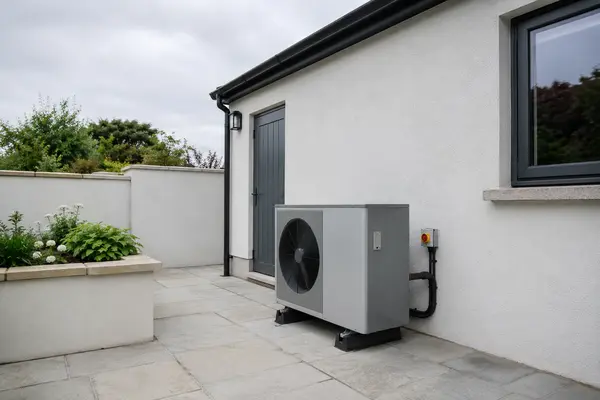 A heat pump outdoor unit on a paved patio beside a white rendered house, typical of the work SEAI registered installers in Cavan carry out