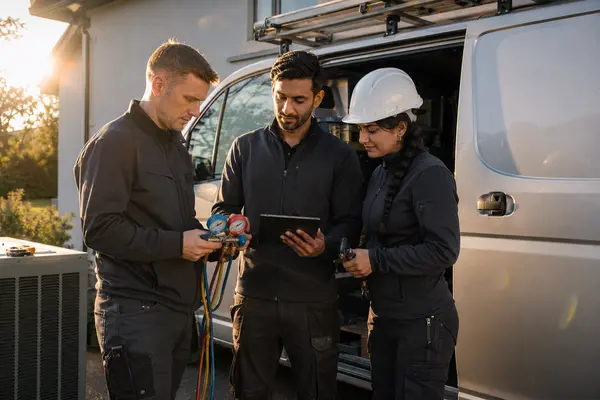 Three installers with manifold gauges and a tablet at the back of a van, typical of the work SEAI registered installers in Cavan carry out