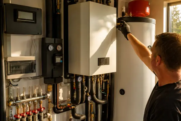An installer working on a wall-mounted heat pump indoor unit and cylinder, typical of the work SEAI registered installers in Roscommon carry out