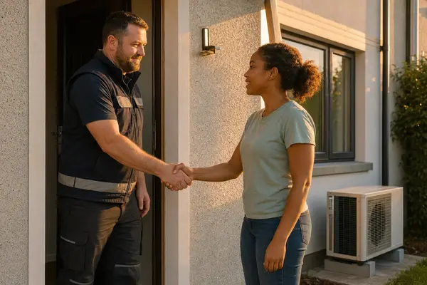An installer shaking hands with a homeowner outside a house, typical of the work SEAI registered installers in Roscommon carry out