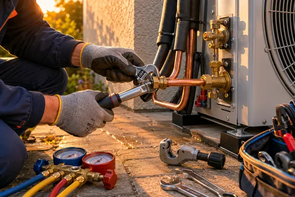 An installer tightening copper pipework at a heat pump with gauges and tools laid out, typical of the work SEAI registered installers in Roscommon carry out