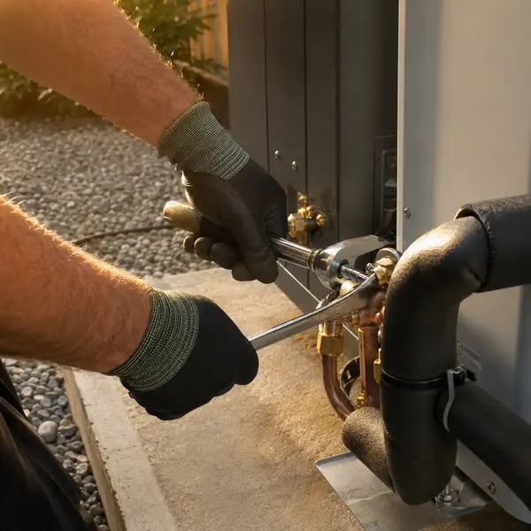 An installer using a wrench on the brass and copper connections of a heat pump, typical of the work SEAI registered installers in Tipperary carry out