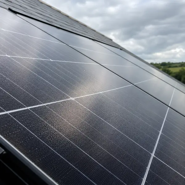 A close view of solar panel cells on a roof with countryside beyond, typical of the work SEAI registered installers in Tipperary carry out
