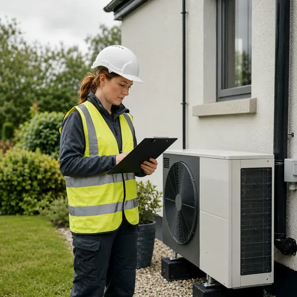 A surveyor in a hard hat and hi-vis vest with a clipboard beside a heat pump, typical of the work SEAI registered installers in Tipperary carry out