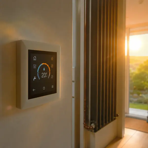 A smart heating controller set to 20 degrees on a wall beside a column radiator, typical of the work SEAI registered installers in Clare carry out