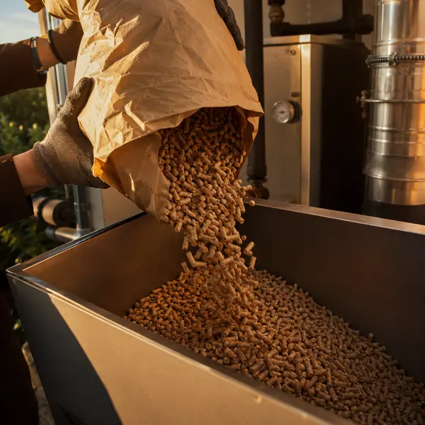 Wood pellets pouring from a sack into the stainless hopper of a biomass boiler, typical of the work SEAI registered installers in Wicklow carry out