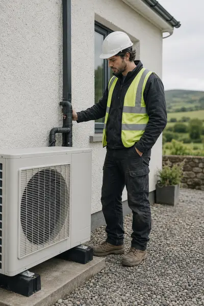 An installer in a hard hat checking pipework above a heat pump outdoor unit, typical of the work SEAI registered installers in Wicklow carry out