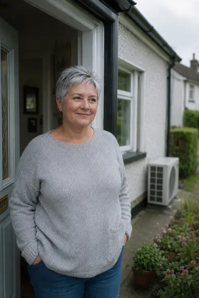 A homeowner at her front door with a heat pump outdoor unit alongside the house, typical of the work SEAI registered installers in Limerick carry out