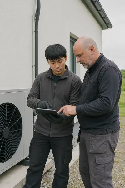 Two installers checking a tablet beside a heat pump outdoor unit, typical of the work SEAI registered installers in Westmeath carry out