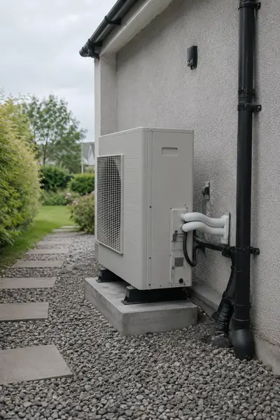 Air-to-water heat pump outdoor unit installed against a rendered Irish house wall