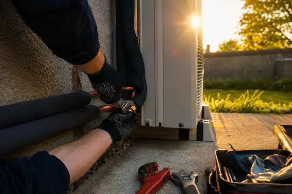 Engineer connecting refrigerant pipework on a heat pump installation